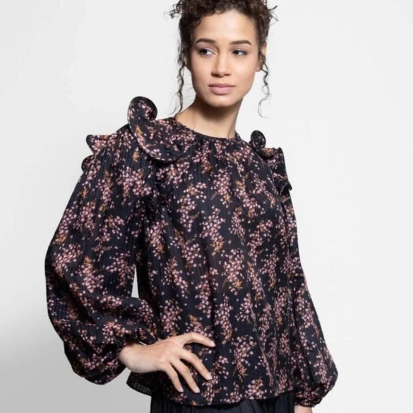 ULLA JOHNSON Medine Jet Floral Balloon Sleeve Cotton Blend Blouse Size 0 XS Pink - Picture 1 of 17